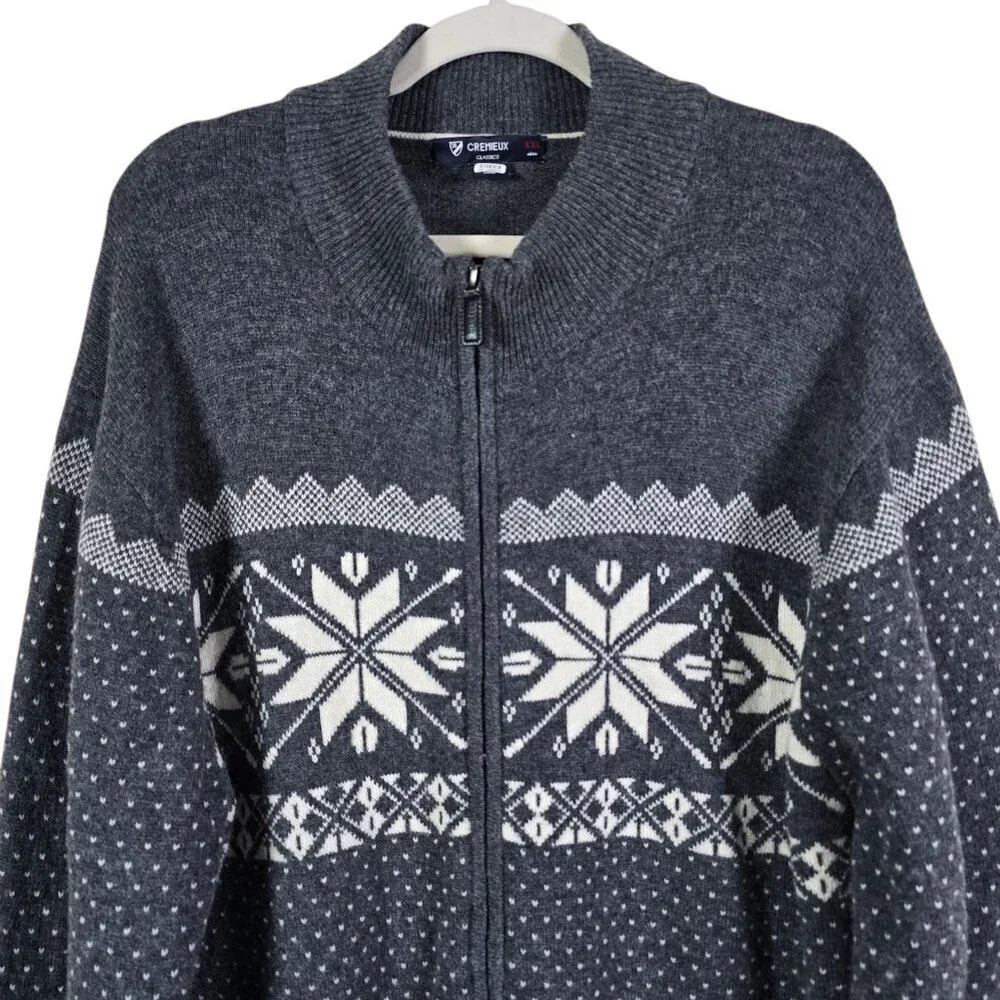 Cremieux Mens Gray Lambswool Nordic Fair Isle Full Zip Cardigan Sweater XXL